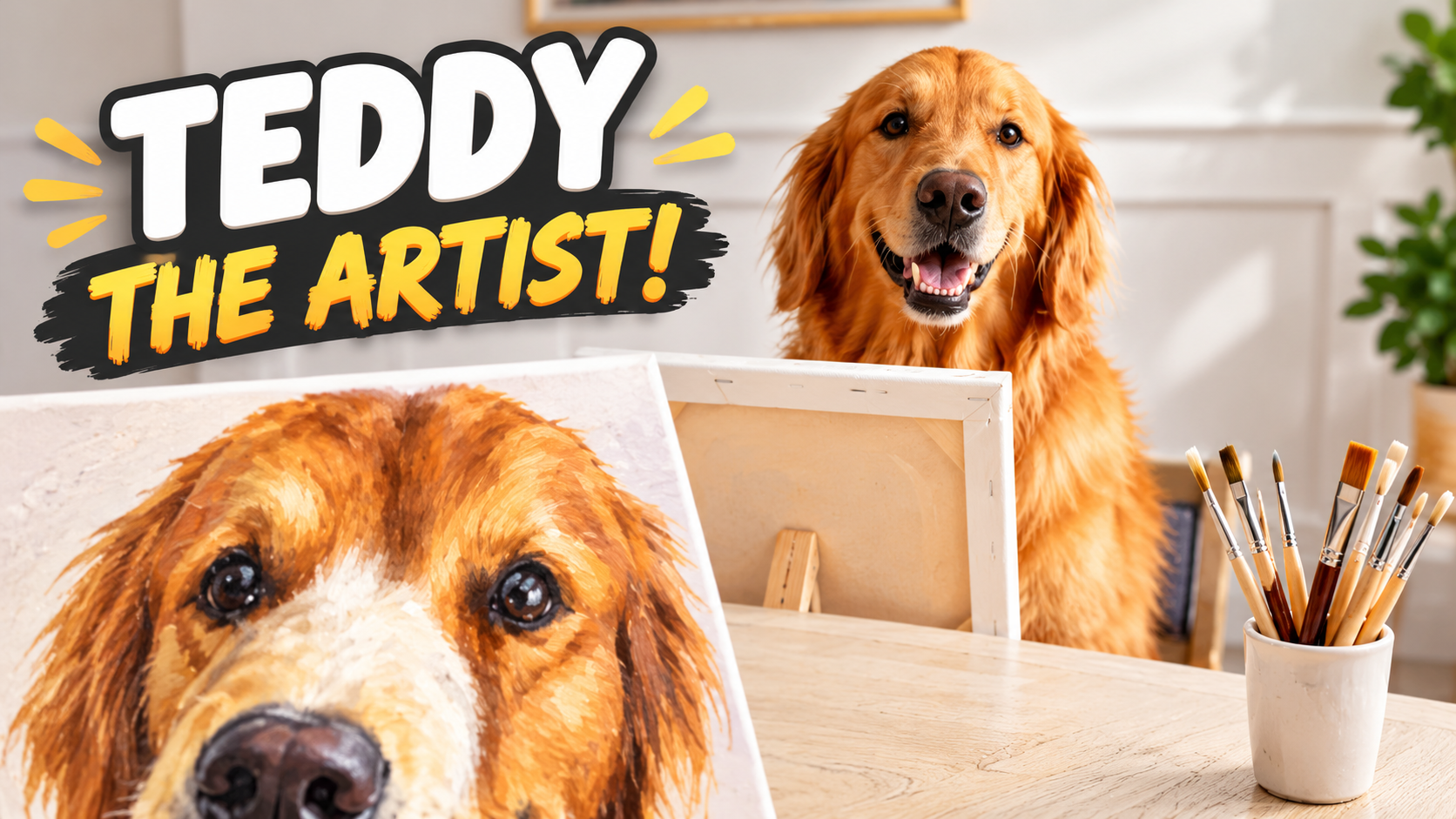 Teddy peeks over the easel at his own half-finished portrait on canvas
