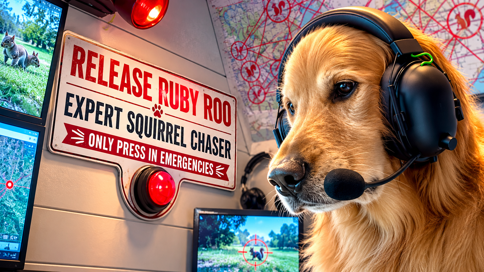 Golden retriever in a headset sits at a laptop below a red-string map
